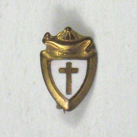 Jewelry - Pin Christian Cross White Shield Goldtone Lantern Size .5 inch Vintage Enamel